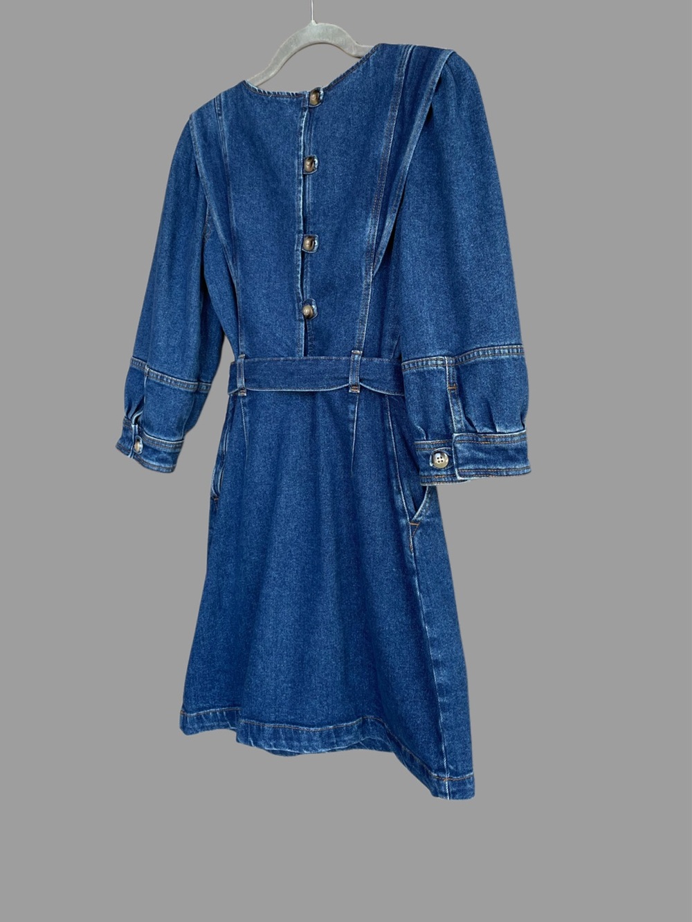 SEZANE Blue Denim Tie Waist Belted Puff Sleeve Button Back Haneia Mini Dress - Picture 5 of 15
